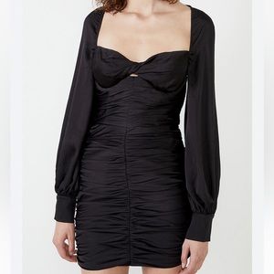 Bardot Marion Ruched Mini Dress in Black Cuffed Long Sleeve XS NWT